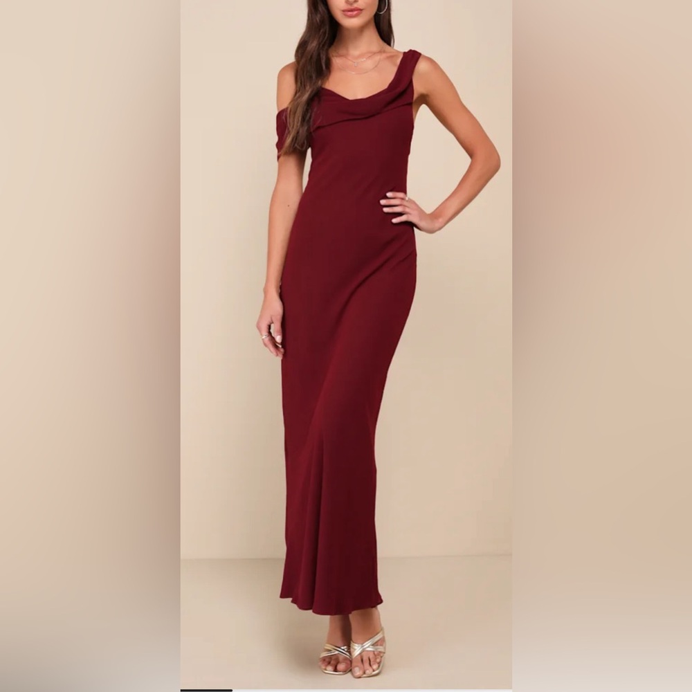 Lulus Exemplary Impression Burgundy Asymmetrical Cowl Maxi Dress Small NWOT